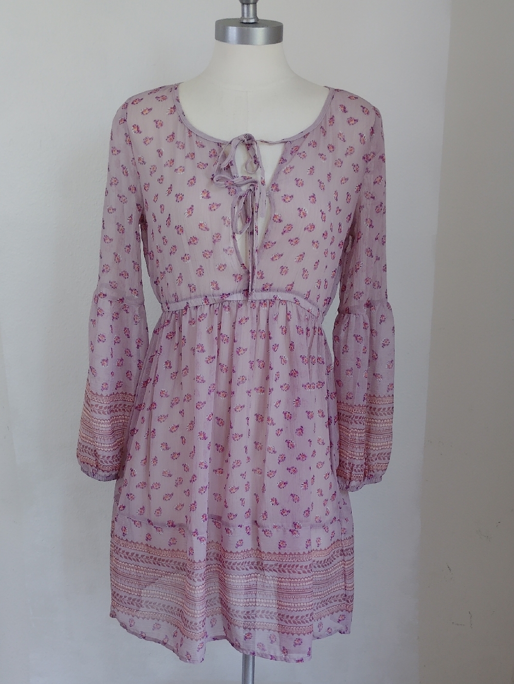 Y2K Mudd Womens Boho Purple Floral Sheer Mini Dress Sz M Fairy Whimsigoth Grunge